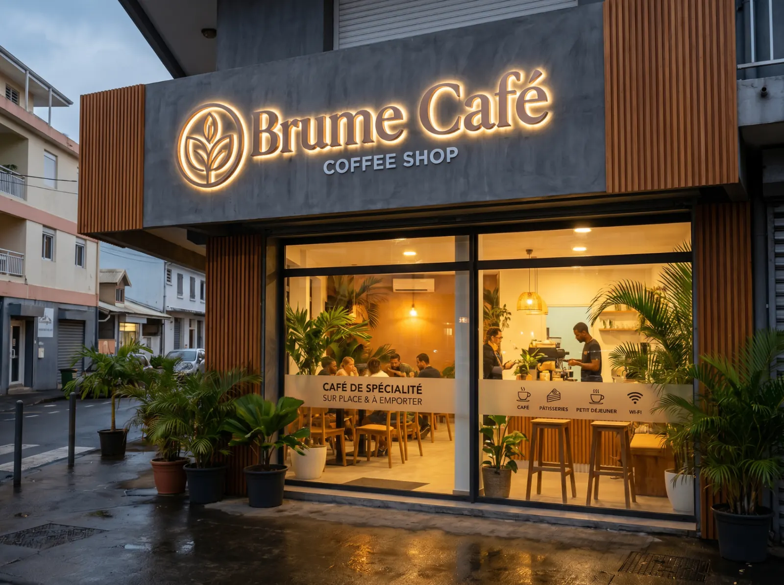 Visuel conceptuel d’enseigne lumineuse posée en façade d’un commerce à La Réunion — VERTEX