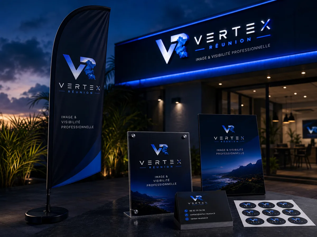 Kit de visibilité VERTEX Réunion : enseigne, wingflag, supports imprimés et stickers devant un commerce à La Réunion